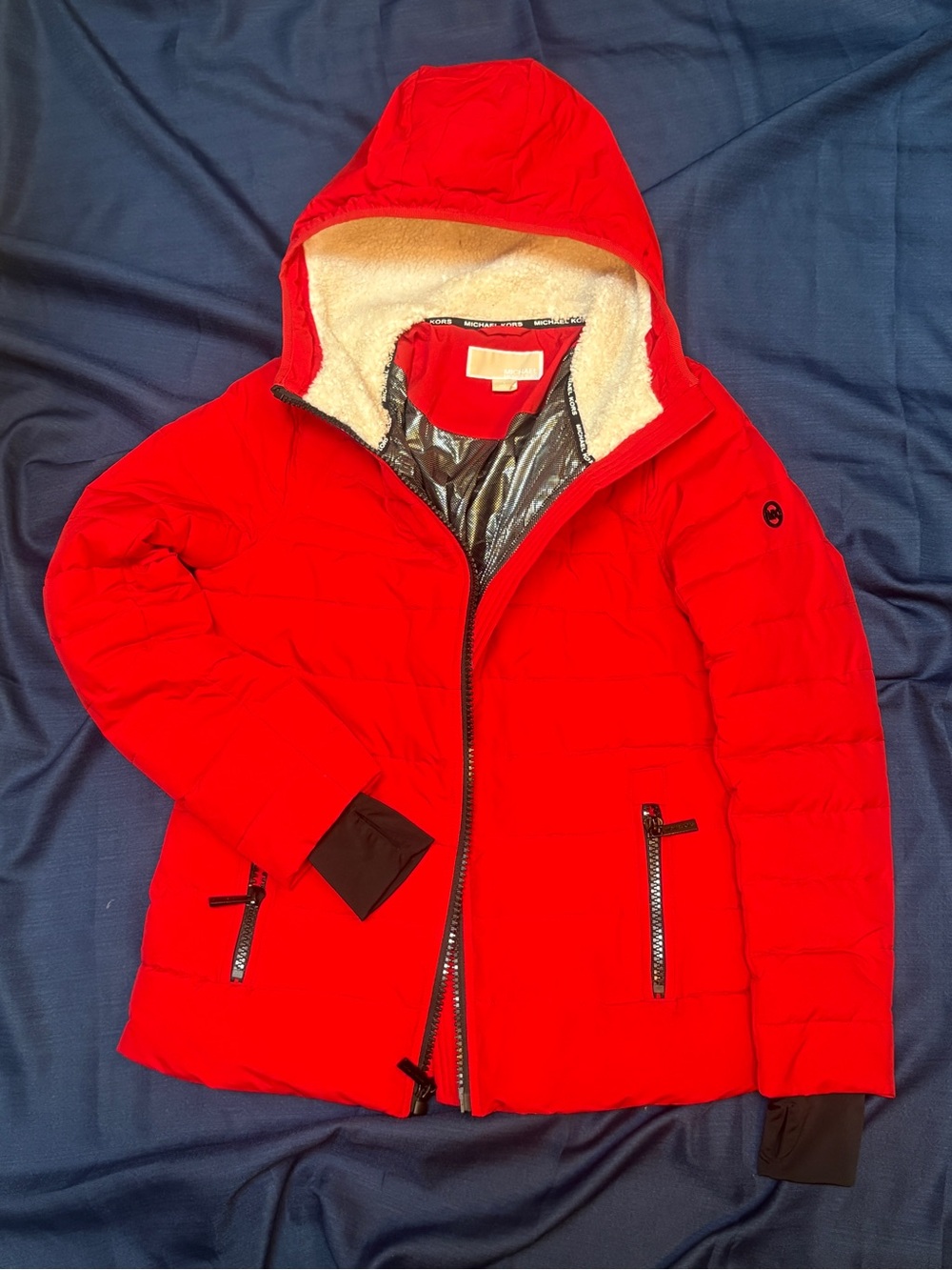 Michael Kors Bright Red Hooded Puffer Jacket